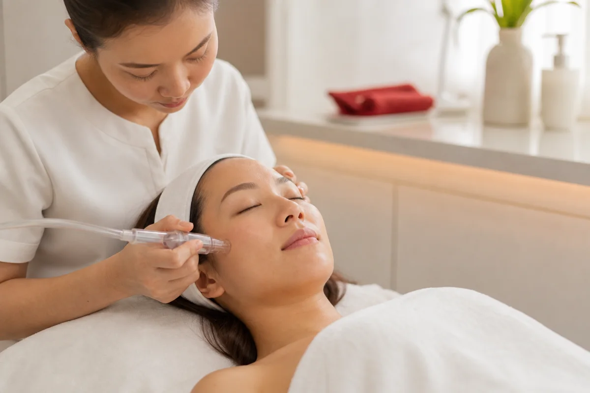 Ein Gesichtspfleger verwendet ein Hydradermabrasionshandst&uuml;ck auf der Wange eines Kunden