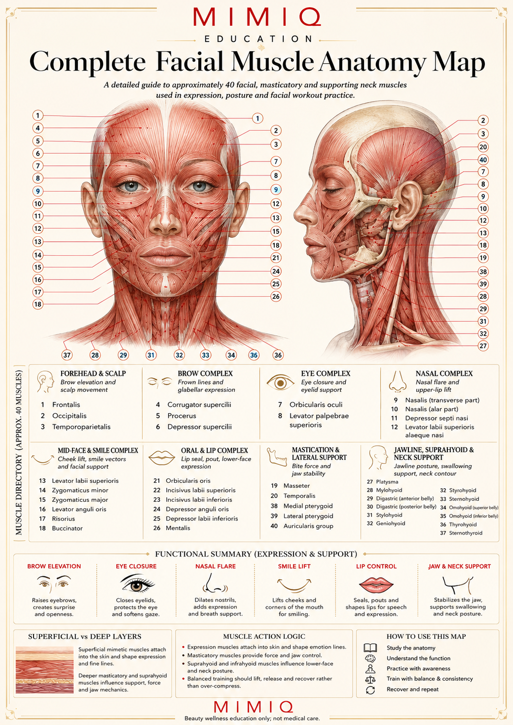 MIMIQ complete facial muscle anatomy map infographic for face workout in 방콕