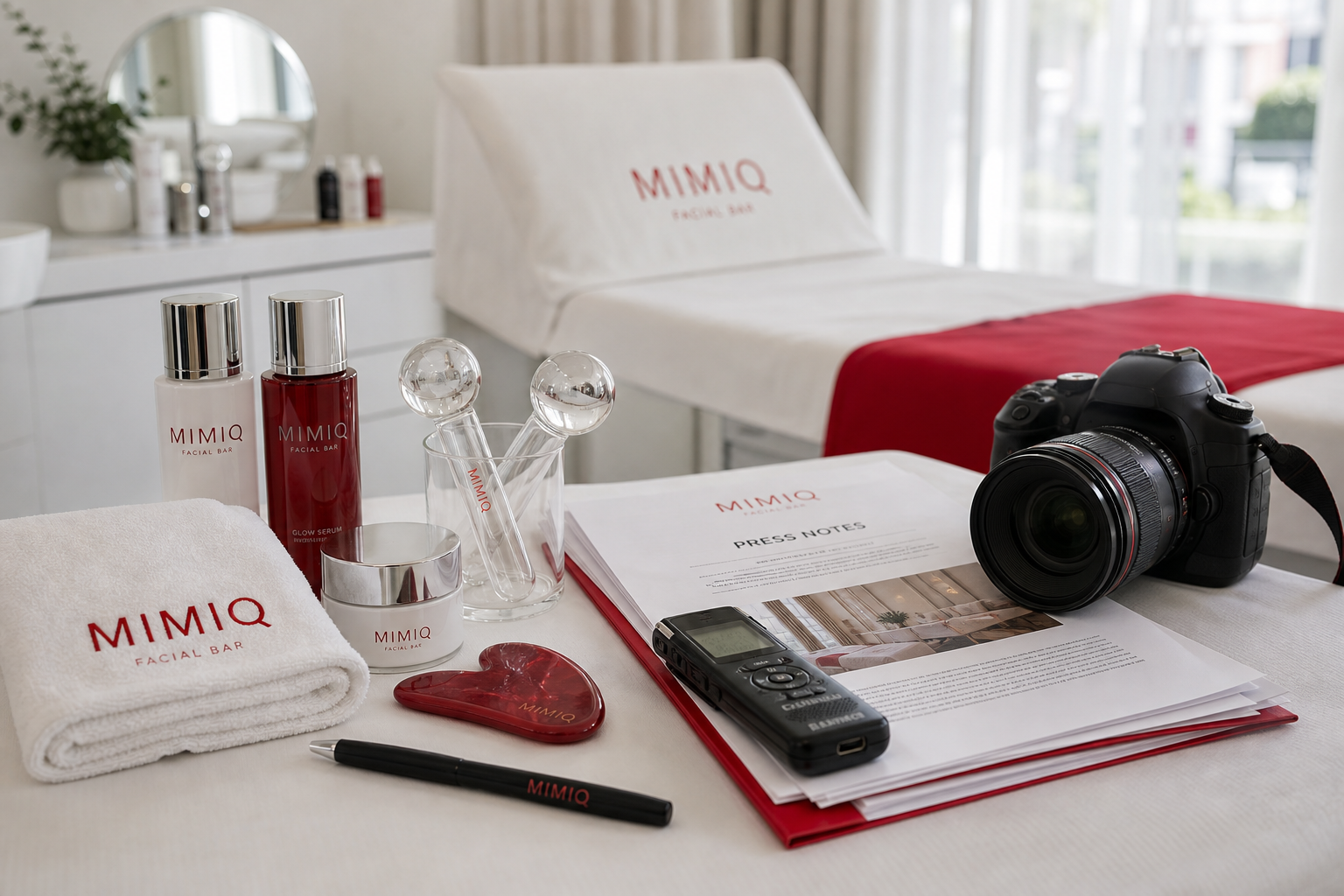 MIMIQ press kit with branded skincare, facial tools and camera in Bangkok facial bar