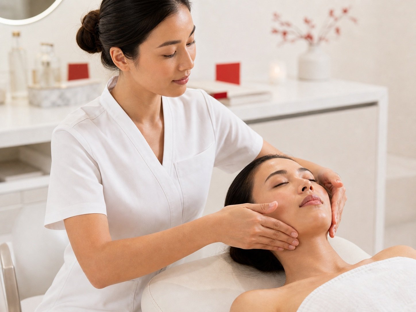 MIMIQ therapist in a white uniform performing facial massage