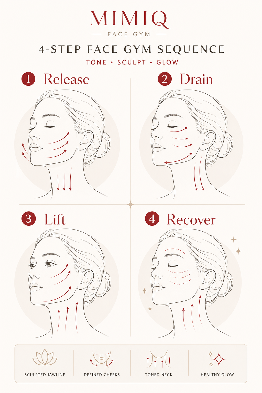 MIMIQ infographic showing release drain lift and recover face gym sequence