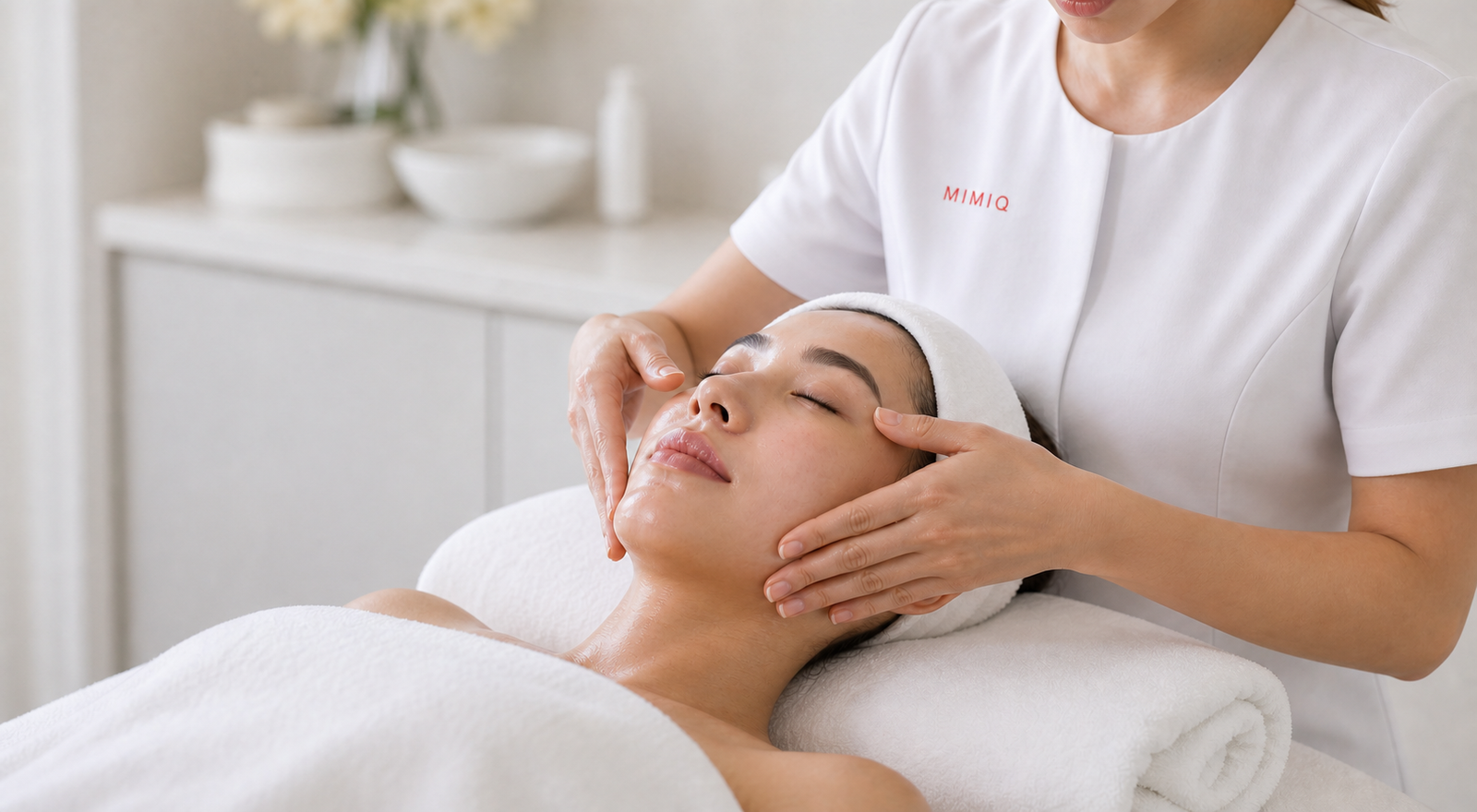 MIMIQ therapist performing a treatment related to facial posture face workout Bangkok