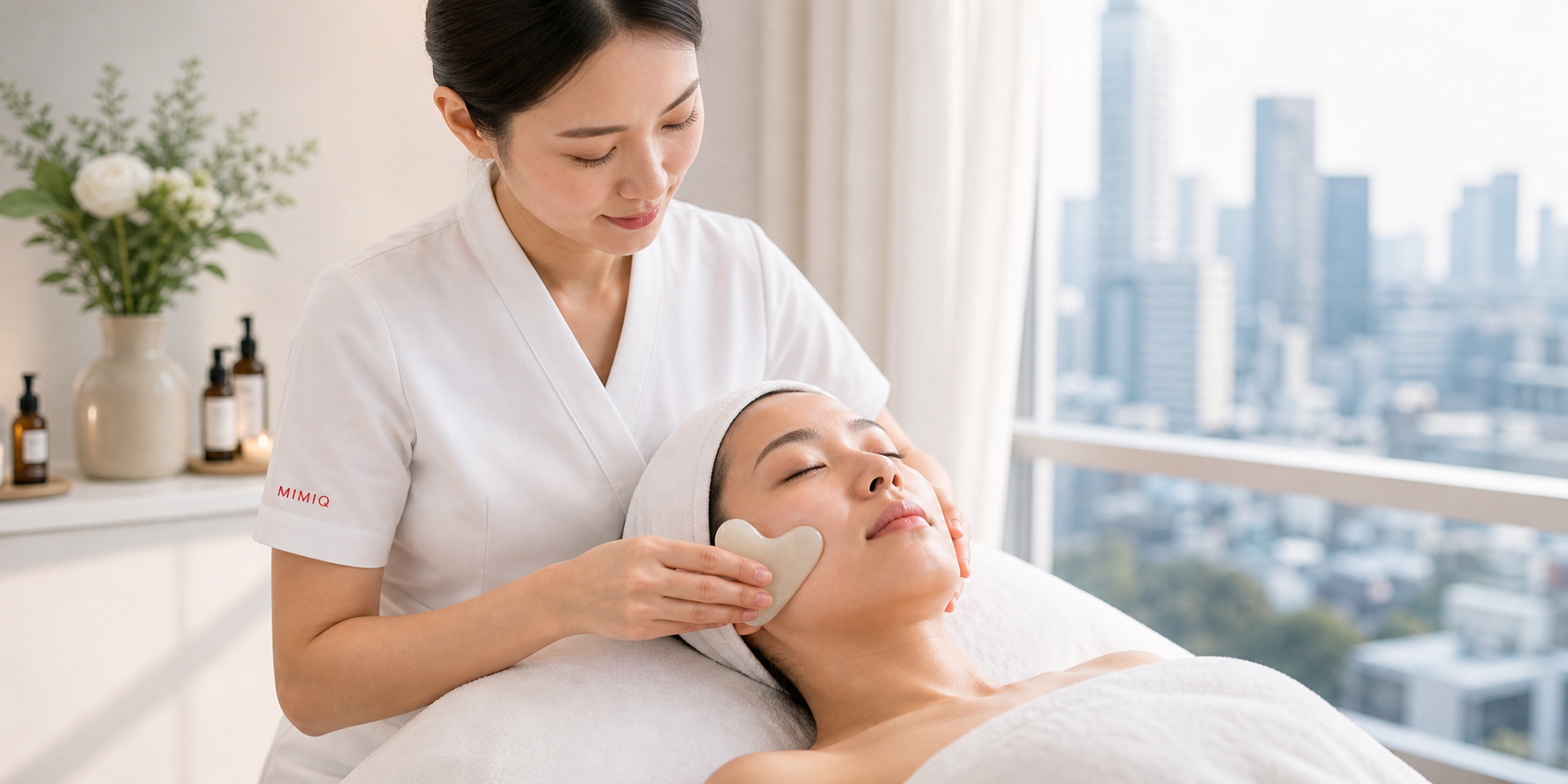 Imagen editorial MIMIQ para el tratamiento facial Gua Sha en Sukhumvit: esculpe, drena, brilla