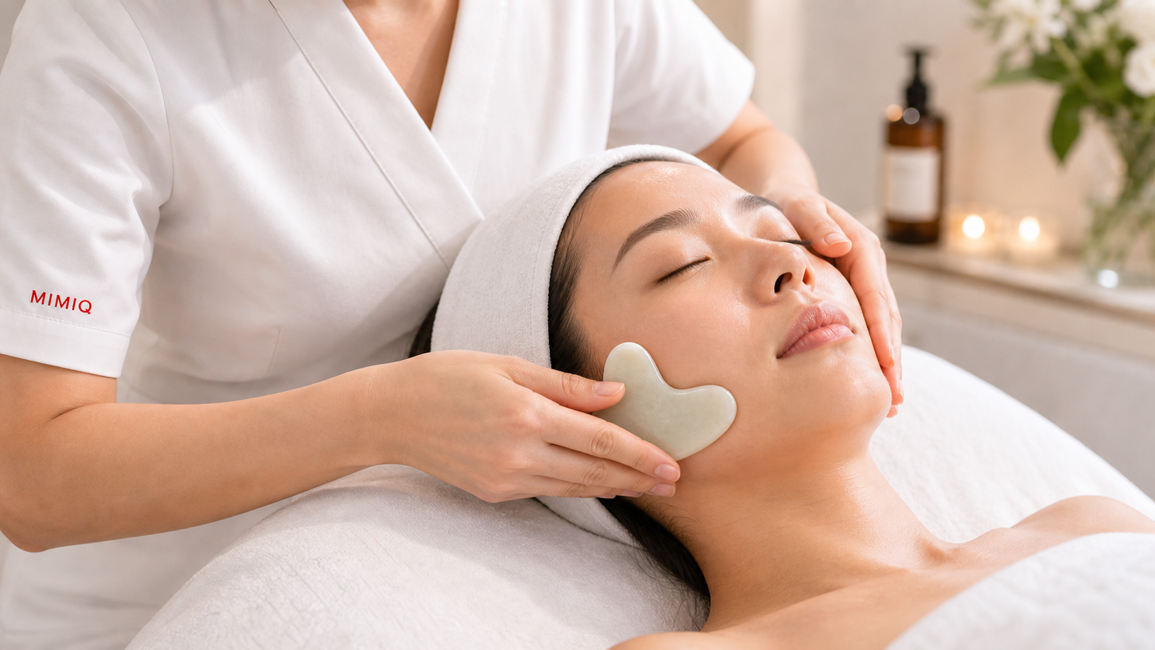 MIMIQ facialista realizando un tratamiento relacionado con gua sha facial Sukhumvit