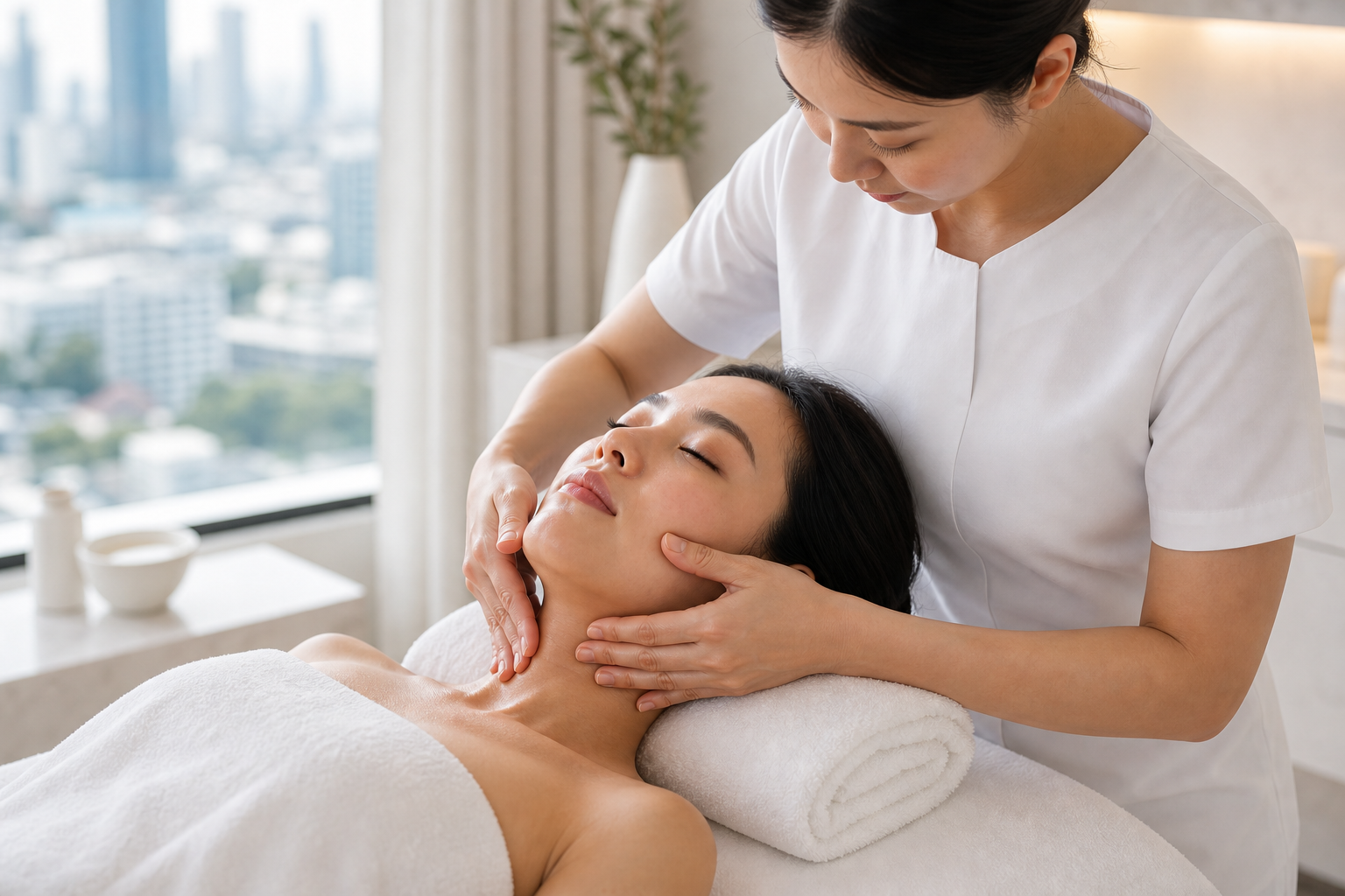 MIMIQ therapist performing a treatment related to jaw tension face workout Bangkok