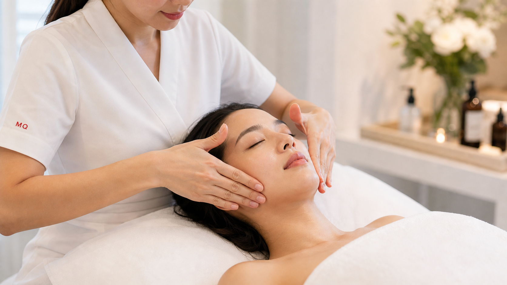 MIMIQ therapist performing a treatment related to kobido face massage Bangkok