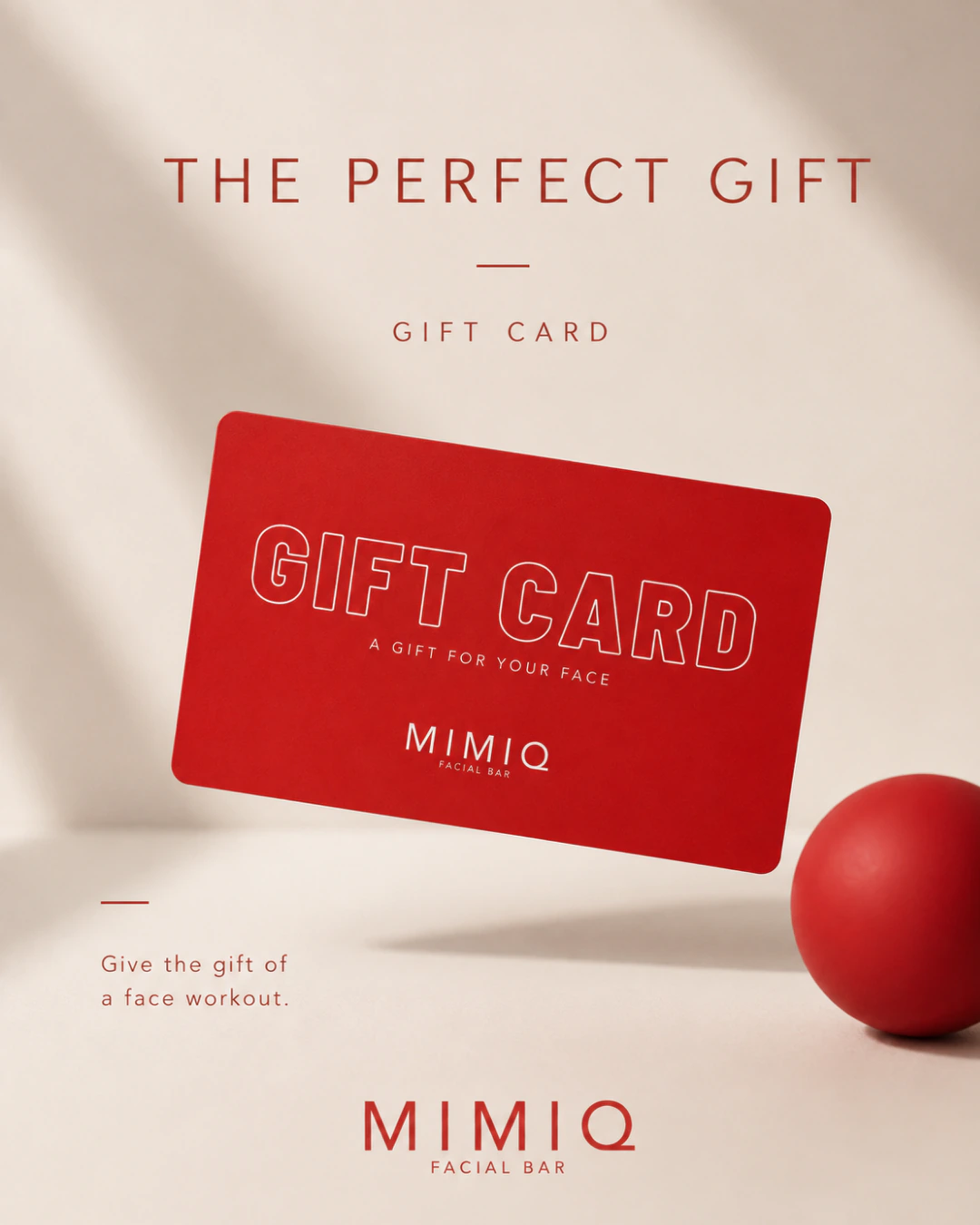 Red MIMIQ gift card and face workout ball, illustrating a gift available as a service or monetary value