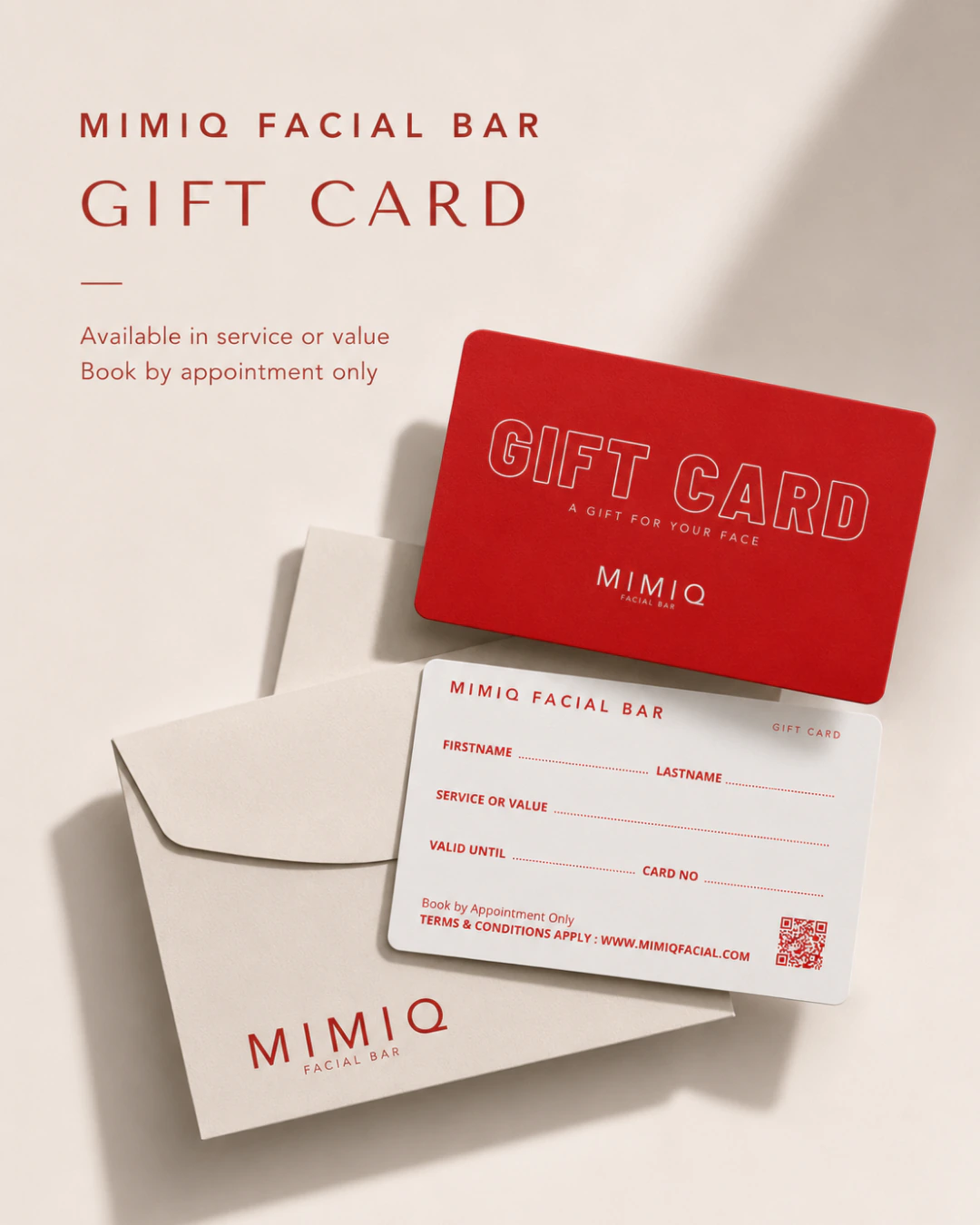 MIMIQ physical gift card campaign artwork showing the red front, blank personalization fields, and presentation envelope