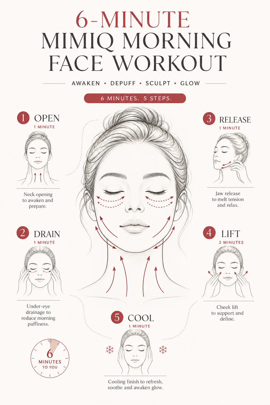 MIMIQ infographic for six minute morning Face Workout routine