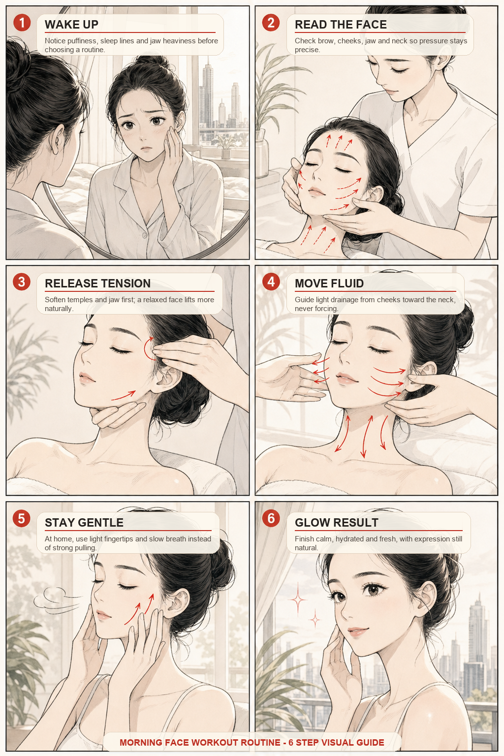 Infograf&iacute;a de MIMIQ que explica el m&eacute;todo del entrenamiento facial matinal en Bangkok