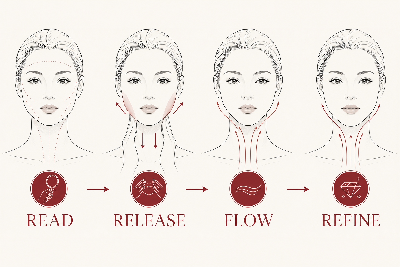 MIMIQ infographic explaining the method for neck and jaw release face workout Bangkok
