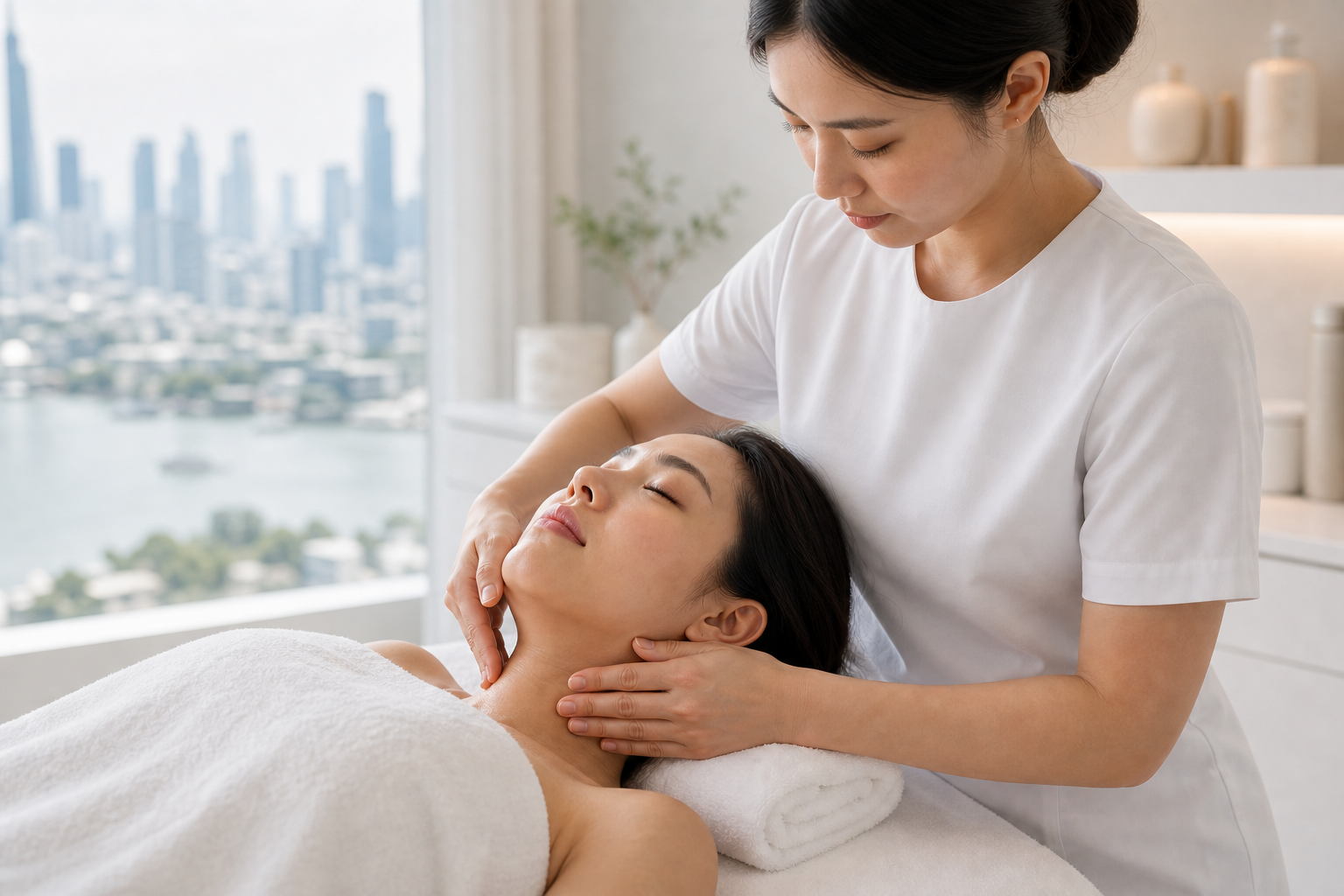 MIMIQ therapist performing a treatment related to neck and jaw release face workout Bangkok
