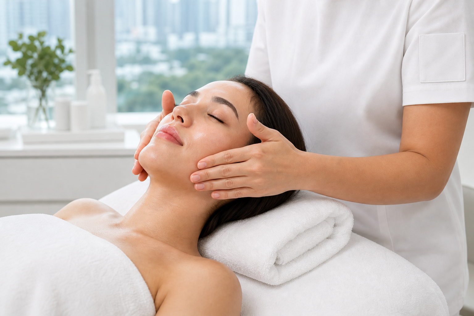 MIMIQ Facialist, der eine Behandlung im Zusammenhang mit der Zeit nach dem Flug durchf&uuml;hrt Face Workout Bangkok