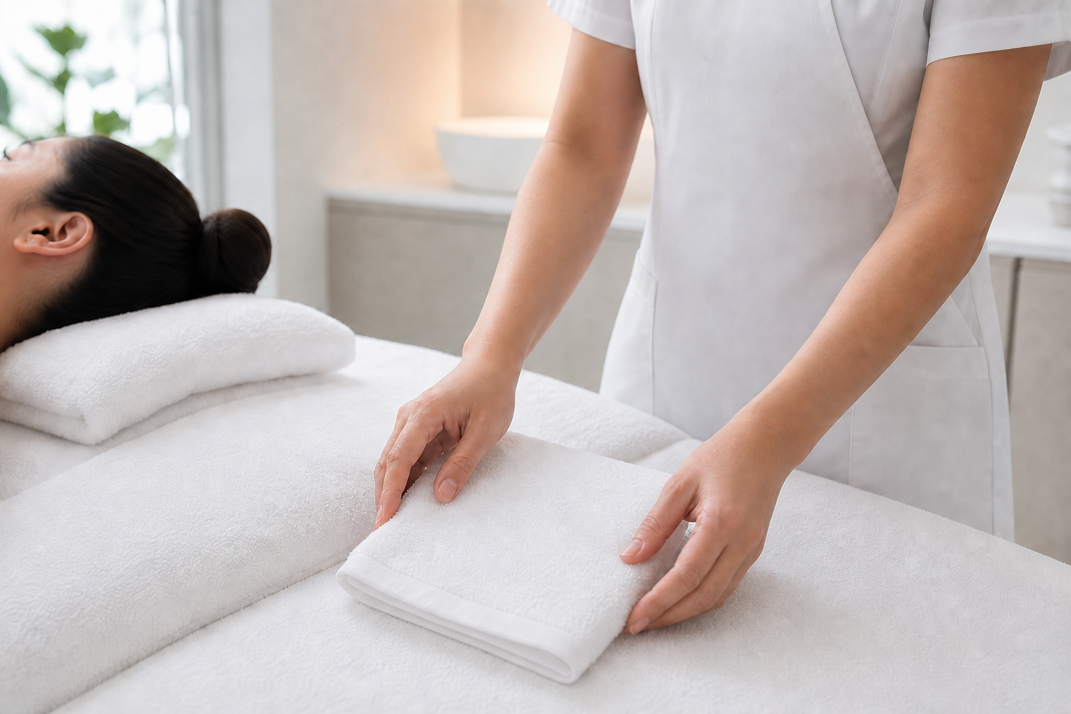 MIMIQ treatment detail and clean towels for pre-meeting face workout Bangkok
