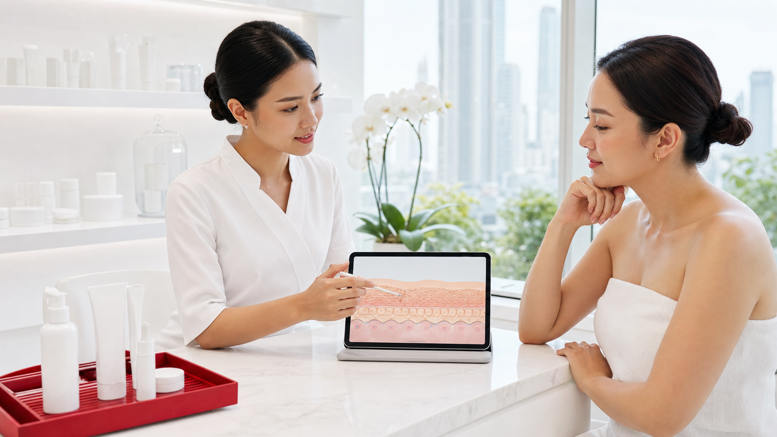 MIMIQ therapist explaining skin barrier and inflammation before facial massage in Bangkok
