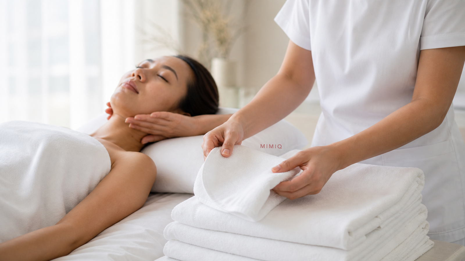 MIMIQ treatment detail and clean towels for sleep lines face workout Bangkok