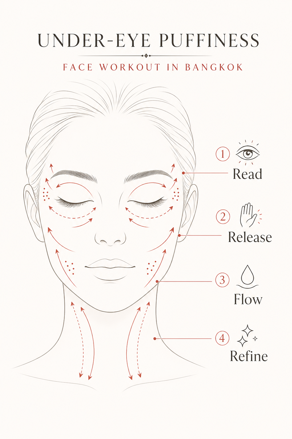 MIMIQ infographic explaining the method for under-eye puffiness face workout Bangkok