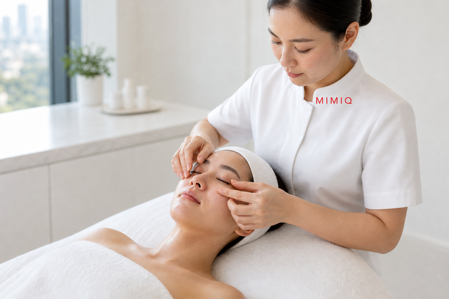 MIMIQ therapist performing a treatment related to under-eye puffiness face workout Bangkok