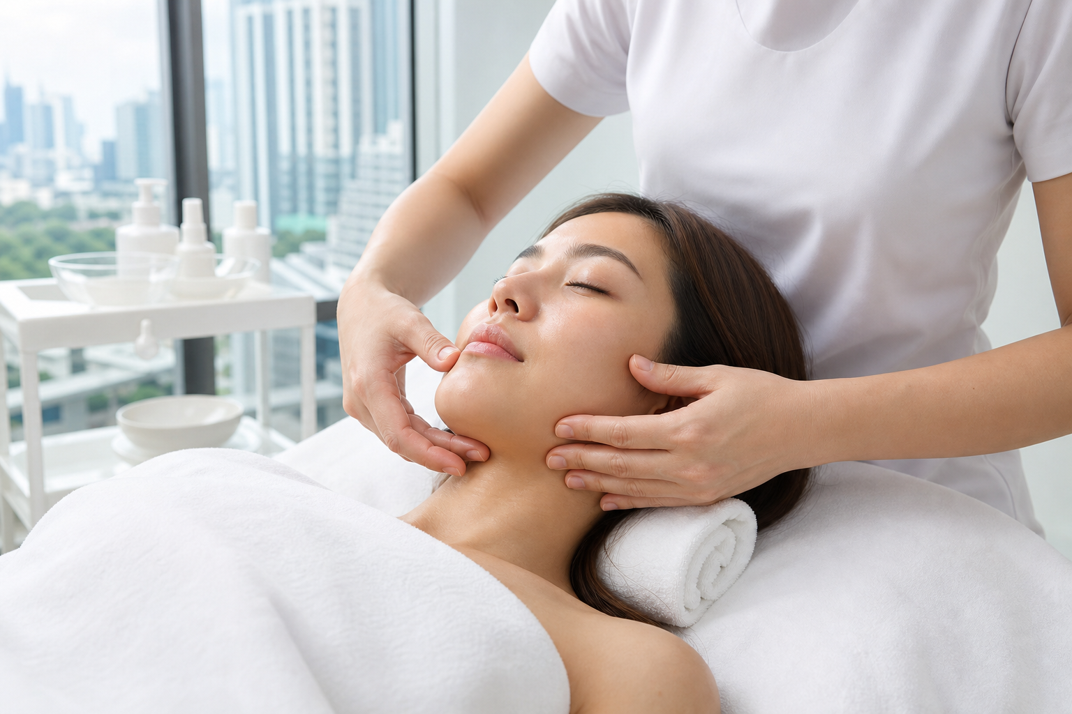 MIMIQ therapist performing a treatment related to V-line face workout Bangkok